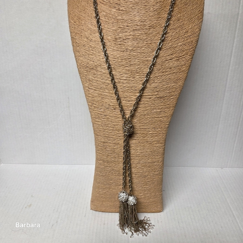 Vintage Long Double Rhinestone Tassel Chain Necklace